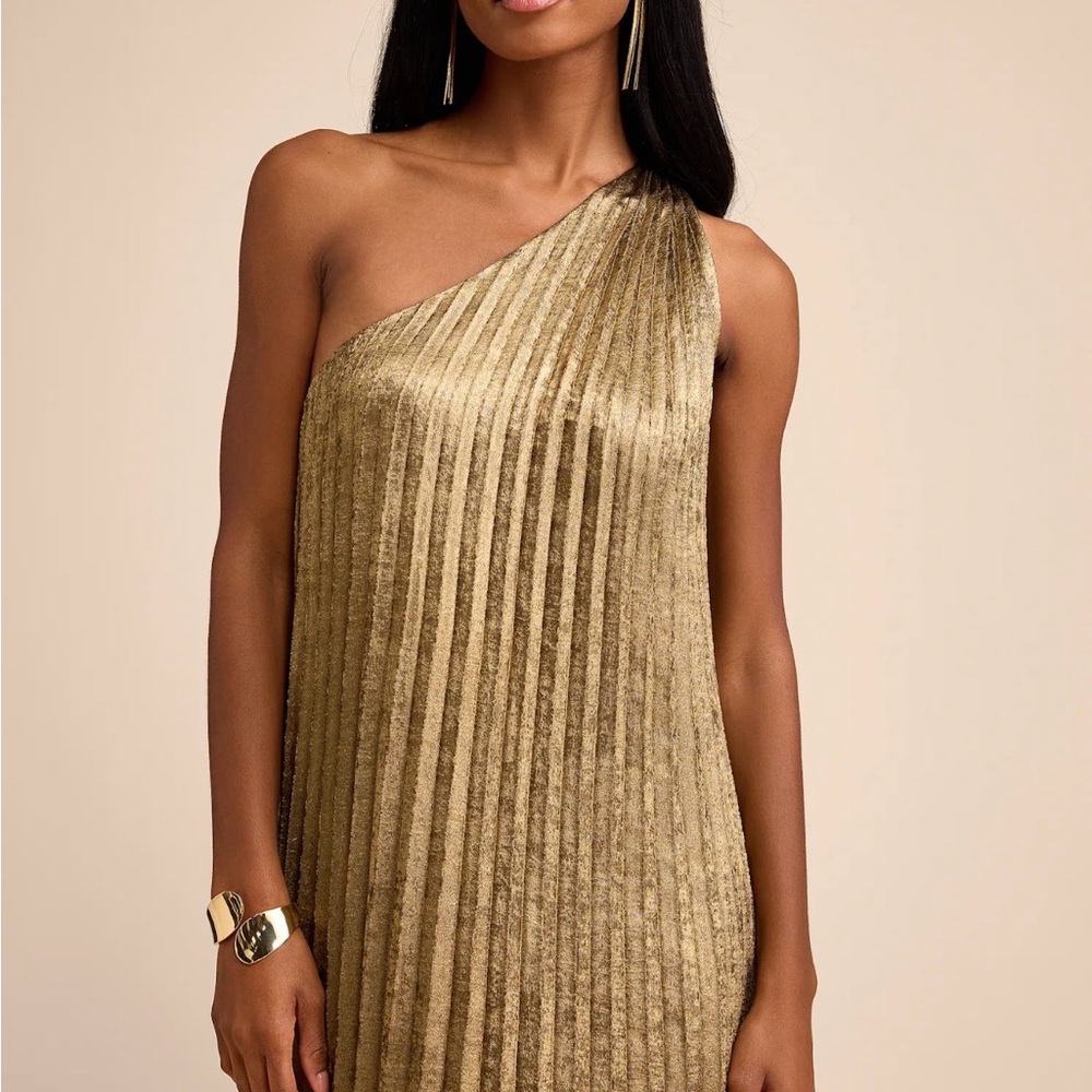 Lulus Averette Bronze Metallic Pleated One-shoulder Maxi Dress Gold Size L - Picture 7 of 10